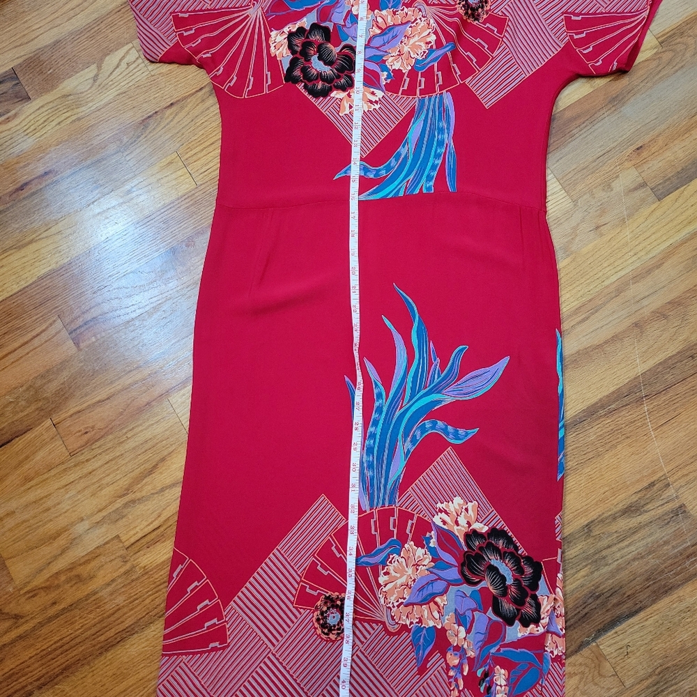 Lizzy & Johnny Silk Dress Red With Floral Asian Print Side Slit Slit Sleeves - Picture 15 of 16